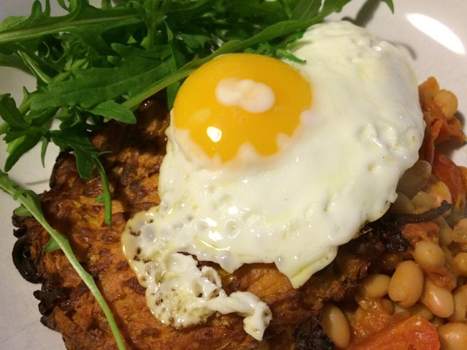 Sweet potato hash and spicy beans